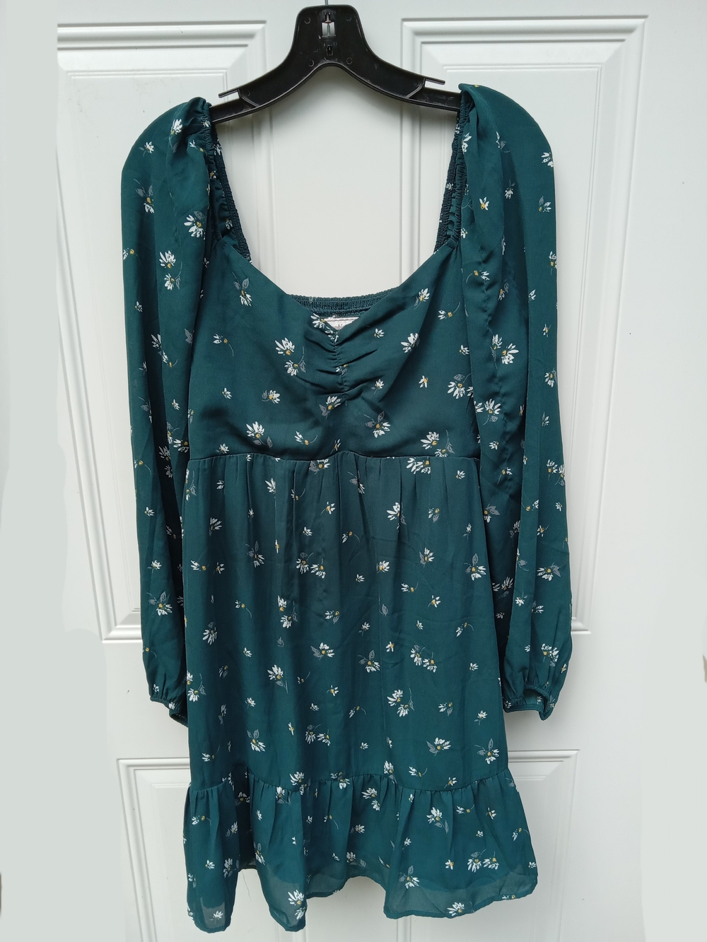 A&F Babydoll Dark Green Floral Long-Sleeve Mini Dress Large Flawed